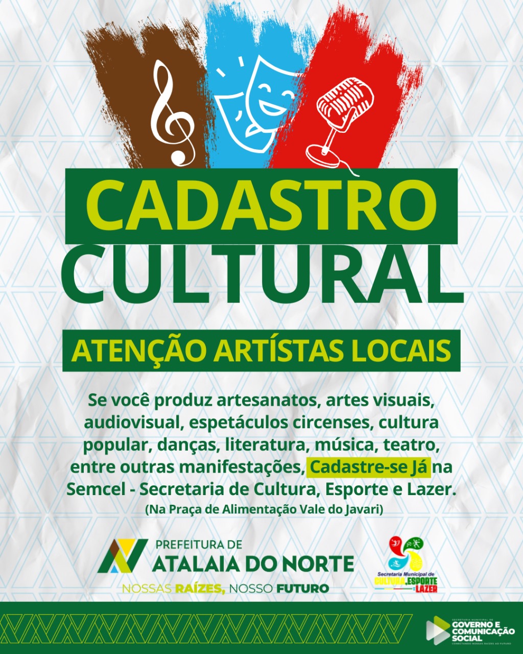 A Secretária Municipal de Cultura, Esporte e Lazer está iniciando o Cadastro Municipal de Cultura